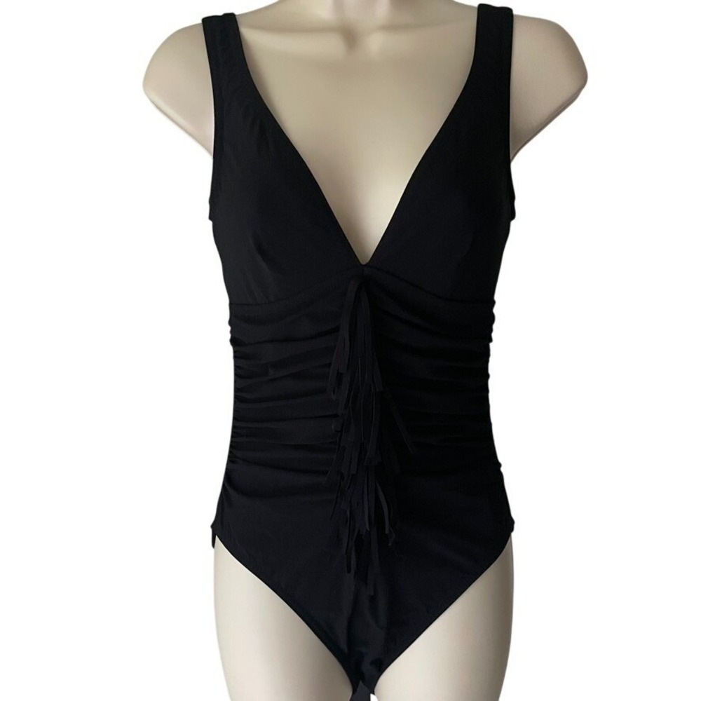 Karla Colletto Fresco Fringe Ruched V Neck One Piece Swimsuit Black Size 8